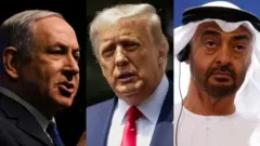 ولي عهد أبوظبي محمد بن زايد (يمين) والرئيس الأمريكي دونالد ترامب (وسط) ورئيس الوزراء الإسرائيلي بنيامين نتنياهو (يسار)