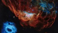 سحابی عظیم و قرمز NGC۲۰۱۴ و همسایه آبی‌رنگ و کوچک‌ترش، NGC۲۰۲۰ در ابر ماژلانی بزرگ