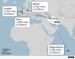 Entfernungskarte von Teheran nach Europa