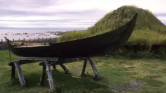 Replicas of Norse homes from about 1,000 years ago at L'anse Aux Meadows, Newfoundland, Canada