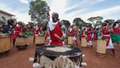 Traditional Burundian drummers perform the royal drum dance during the national drummer contest in Gitega, Burundi, on December 20, 2021.