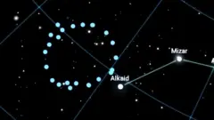 An artist's impression highlighting the positions of the Big Ring (in blue) and Giant Arc (shown in red) in the sky.