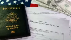 Imagem de um passaporte em cima de um formulário em que é possível ler visto H1B