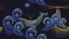 Embroidery whVezeni kitovi, svetionik i morski talasi