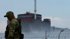 A serviceman with a Russian flag on his uniform stands guard near the Zaporizhzhia Nuclear Power Plant