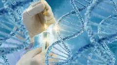 Testtube with DNA strands in background