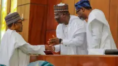 Aworan aarẹ Buhari,aarẹ ile aṣofin agba ati olori ile aṣoju ṣofin Naijiria