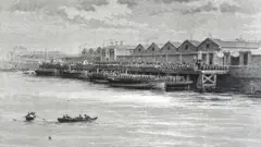 Gravura do século 19, mostrando a cervejaria Guinness em Dublin, na Irlanda