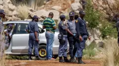 Des policiers en uniforme bleu se tiennent à l'entrée d'un puits de mine où 4 500 mineurs illégaux sont piégés sous terre - 13 novembre 2024