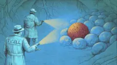 Ilustração de células T com forma humana com lanternas, investigando um tumor em meio a células normais