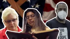 Picture of three Christians in the US, a flag and a crucifix