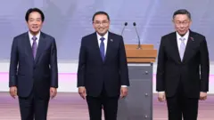 （從左至右）台灣2024總統選舉候選人：賴清德、侯友宜、柯文哲出席電視辯論會（台北市攝影記者聯誼會提供圖片30/12/2023）