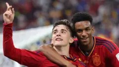 Gavi celebrates after scoring for Spain against Costa Rica