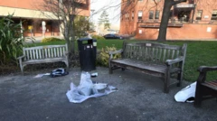Una zona de asientos en el exterior del hospital. Tres bancos de madera descansan sobre grava. Una olla a presión sin tapa se encuentra sobre una lámina de tela. Hay bolsas esparcidas por los alrededores.