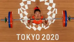 Filipino weightlifter Hidilyn Diaz in action at the Tokyo Olympics