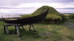 Replicas of Norse homes from about 1,000 years ago at L'anse Aux Meadows, Newfoundland, Canada