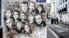 Policemen are seen next to a painting in tribute to members of Charlie Hebdo newspaper