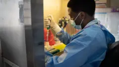 Umukozi wo muri laboratoire y’ikigo cy’ubuzima cy’u Rwanda apima ibipimo bya Covid-19. Ubu hafatwa ibipimo biri hagati ya 3,000 na 6,000 ku munsi