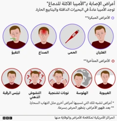رسم توضيحي من إعداد فريق الصحافة البصرية يبيّن أعراض الإصابة، وتشمل: التقيؤ، والصداع، والحمى، والغثيان، وتيبّس الرقبة، والتشوش الذهني، والنوبات التشنجية، والهلوسة، والغيبوبة. وتظهر صورة لرجل داخل دائرة مخصّصة لتوضيح كل عرض من هذه الأعراض.