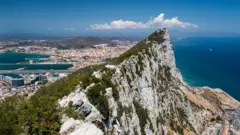 An aerial view of the Rock of Gibraltar with the city of Westside in the background