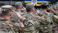 US soldiers pictured in the opening ceremony of the "Rapid Trident-2018" international military exercises in Starytchi, outside Lviv on September 3, 2018.