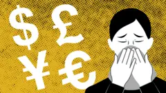 Ilustración de una persona con mascarilla al lado de los símbolos del dólar, la libra, el yuan y el euro.
