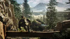 Uma captura de tela de ação do novo jogo de Bond, do espião pulando um tronco no deserto.