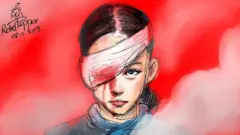 Poster by artist Rebel Pepper of a young woman with an eye covered by a bloodied bandage.