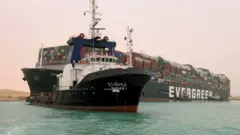 The stranded Ever Given mega-container in the Suez Canal.