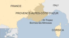 プロバンス・アルプ・コートダジュール(Provence-Alpes-Côte d'Azur)地方とボルム・レ・ミモザ(Bormes-les-Mimosas)の位置