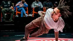 A dancer performs at the Breakdance World Cup in Eindhoven