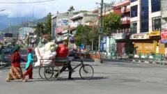 लकडाउनका बेला पोखराको सभागृहचोकबाट ठेलामा तरकारी लिएर बेच्न लगिँदै