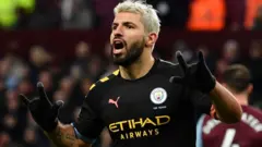 Aguero dey celebrate im goal during di English Premier League game between Aston Villa and Manchester City for Villa Park