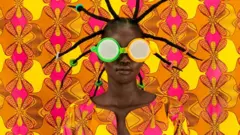 Woman disguised by colourful fabric