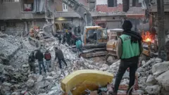 Search and rescue efforts continue following 7.7 and 7.6 magnitude earthquakes in Salqin district of Idlib, Syria on February 9, 2023