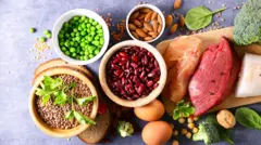 Vários alimentos em uma mesa, como carne, peixe, grãos de feijão, ervilhas