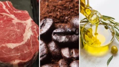 Colagem de fotos mostra um pedaço de carne bovina, grãos e pó de café, e azeite sendo vertido numa tigela transparente, com uma azeitona ao lado