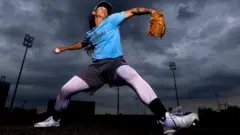 Kelsie Whitmore pitches in the bullpen before her game against the Charleston Dirty Birds at Richmond County Bank Ballpark on July 08, 2022 in Staten Island, New York.