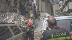 Emergency services look at a destroyed building on April 09, 2026 in Beirut, Lebanon