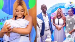 Regina Daniels and her pikin, husband and mama