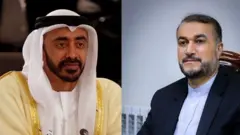 وزیر خارجه ایران (سمت راست) به همتای اماراتی خود گفته اسرائیل "تهدیدی برای کل کشورهای منطقه است "و "باید تلاش کرد تا عوامل بحران آفرین نتوانند در منطقه جای پا پیدا نکنند".