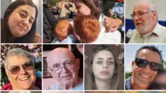 Composite image showing people abducted by Hamas, L-R from the top: Roni Eshel, Shiri Bibas with children Ariel and Kfir, Alex Danzig, Ada Sagi, Amiram Cooper, Mia Shem, Omri Miran, Ditza Heiman, Jordan Roman-Gat, Itay and Maya Regev