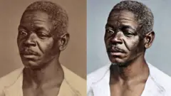 Colagem com retrato antes e depois da restauração