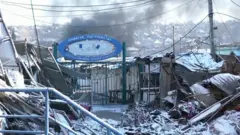 Дым от взрыва над обломками в городе