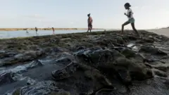 Foco em óleo vazado sobre areia, com banhistas no plano de fundo