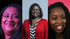 Bell Ribeiro-Addy (bidix, Marsha de Cordova (dhexda) iyo Dawn Butler (midig) ayaa la isku qalday