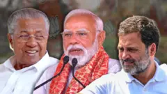 केरळचे मुख्यमंत्री पिनराई विजयन, काँग्रेस नेते राहुल गांधी आणि पंतप्रधान नरेंद्र मोदी