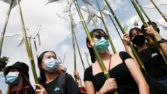 Pro-democracy protesters near the Democracy Monument in Bangkok, Thailand, August 16, 2020