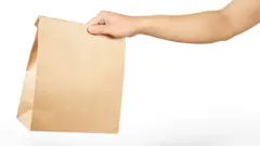 A person holding a plain brown bag