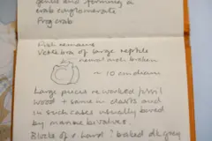 El cuaderno de cubierta naranja está abierto con la parte inferior de una página y la parte superior de la siguiente a la vista. La escritura a lápiz va de arriba abajo con el cuaderno girado a lo largo. Justo debajo de la unión de las dos páginas, que forma el lomo del libro, hay un pequeño boceto sencillo etiquetado en inglés como "Vértebra de un gran reptil" que muestra la zona cóncava y las protuberancias detrás del hueso fosilizado. Junto al dibujo está escrito (en inglés) "aproximadamente 10 cm de diámetro"